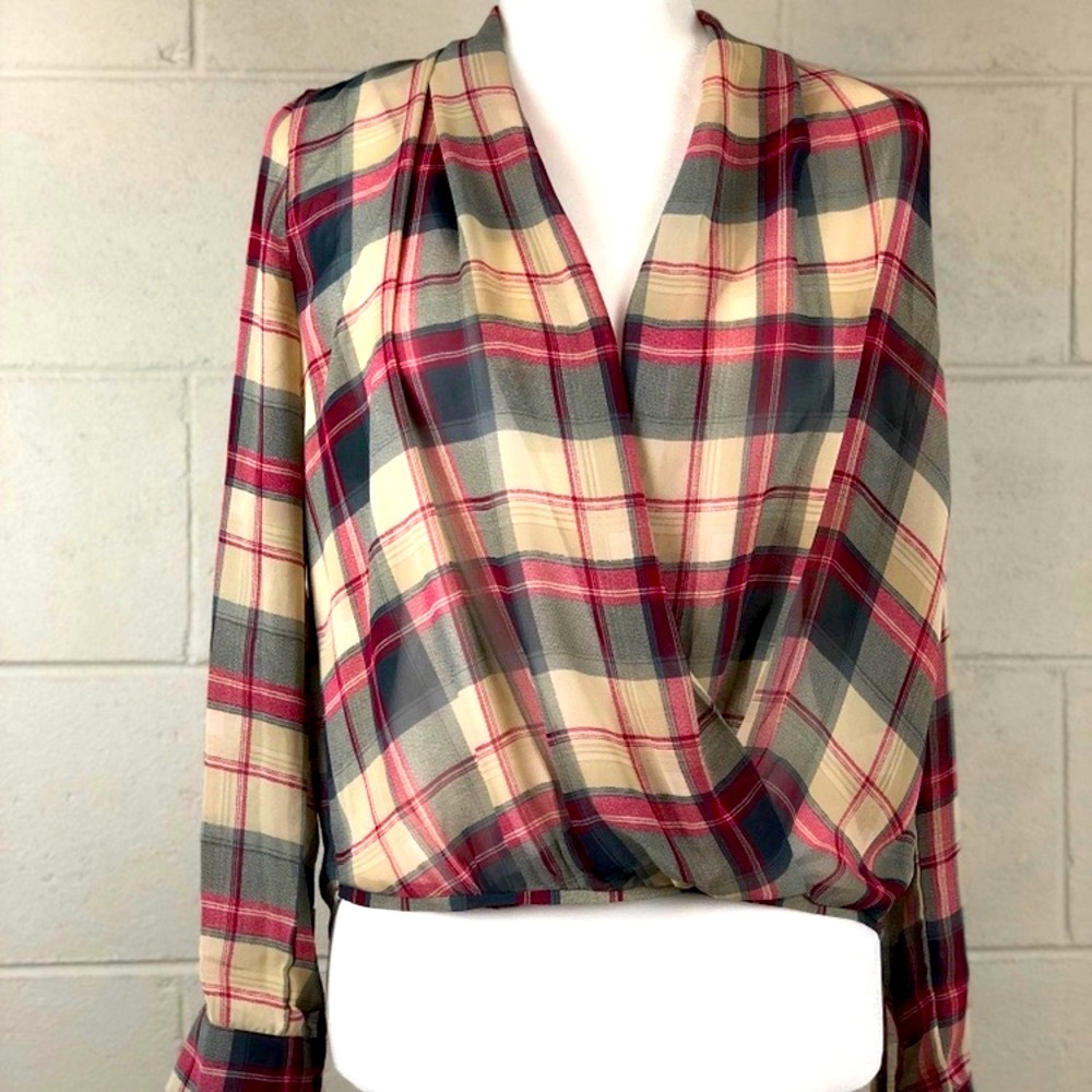 SOPHIE RUE Plaid Sheer Long Sleeve Faux Wrap Preppy Classic Casual Blouse XS - Picture 2 of 7
